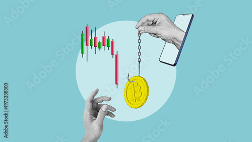 Bitcoin phishing scam concept with falling candlestick chart, crypto fraud trap and market crash manipulation, digital finance risk and cybersecurity threat
