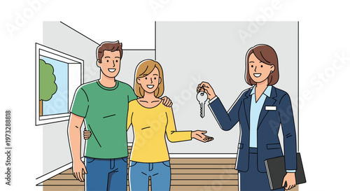 A professional female real estate agent wearing a smart blue suit smiles warmly while handing a silver key to a happy young couple inside a new home.