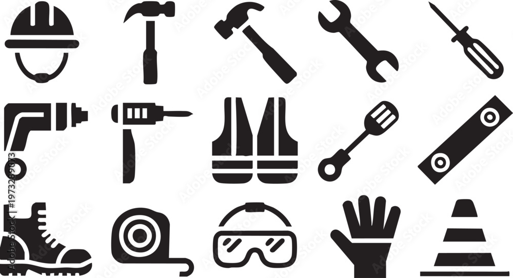 Fototapeta premium Vector graphic illustration of various construction tools and safety equipment in black silhouettes on a white background for design and engineering projects
