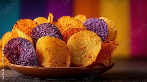 Colorful potato chips on a plate ready for a snack or party