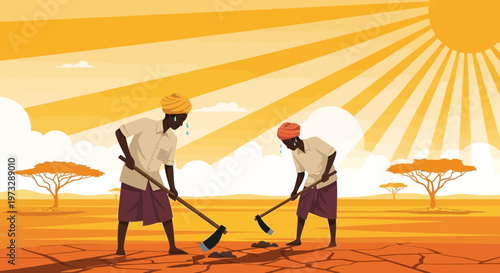 Farmers toil in arid land under scorching sun, symbolizing drought and climate change impact