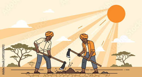 Farmers working in dry land under the hot sun, agricultural labor, drought concept