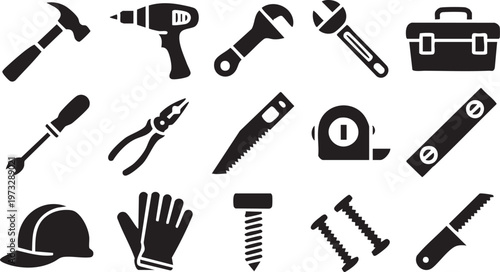Collection of black and white vector icons depicting various construction and hand tools used for DIY projects and professional tasks.