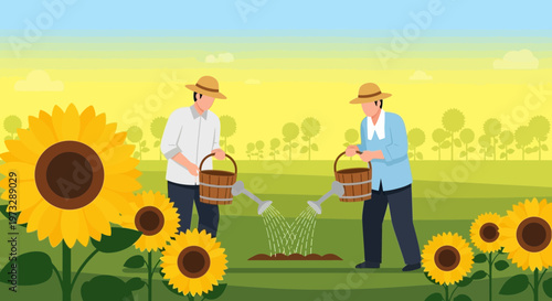 Farmers watering plants in a sunflower field, agriculture, organic farming, sustainable growth, sunny day