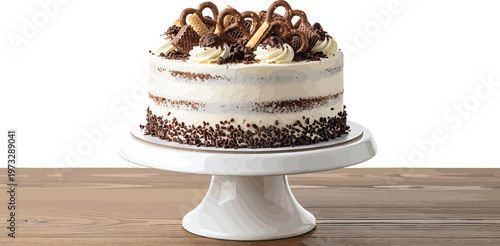 Chocolate Cake with White Frosting on Pedestal