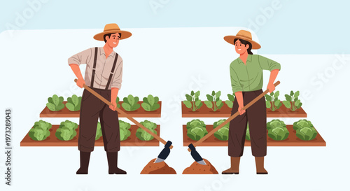 Farmers Working Together in a Vegetable Garden, Cultivating Crops