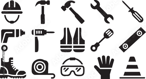Vector graphic illustration of various construction tools and safety equipment in black silhouettes on a white background for design and engineering projects