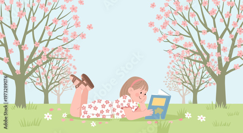 Girl Reading Book Under Cherry Blossom Trees in Spring