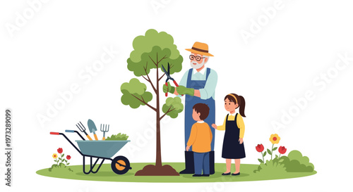 Grandfather and children planting a tree in the garden, family gardening activity