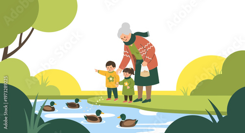 Grandmother feeding ducks with grandchildren by a serene pond in a park, enjoying nature.