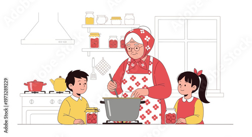 Grandmother cooking jam with children in kitchen, homemade food, family tradition