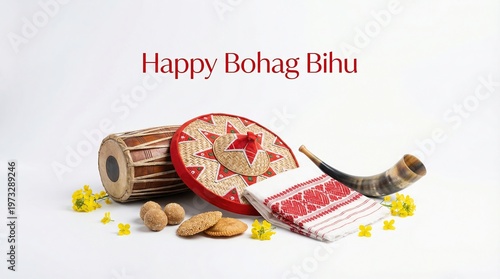 Happy Bohag Bihu Festival Background with Assamese Dhol Pepa and Gamusa on White with Copy Space

