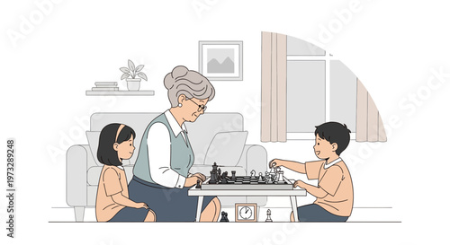 Grandmother playing chess with grandchildren in a cozy living room, teaching strategy and family bonding