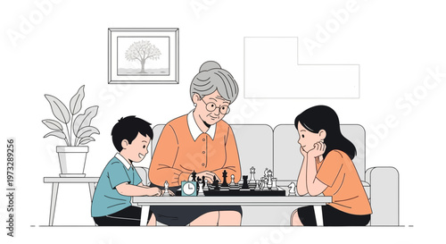 Grandmother playing chess with grandchildren, indoor family leisure activity, strategic board game