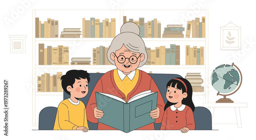 Grandmother reading book to grandchildren, cozy library, education, family bonding, storytelling