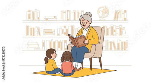 Grandmother reading a book to children in a cozy library setting