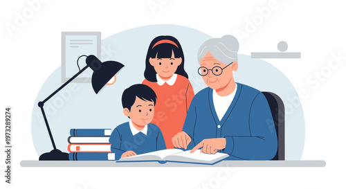 Grandmother reads a book to her grandchildren, teaching them knowledge, family bonding