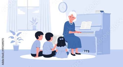 Grandmother teaching children piano lesson at home, family bonding, music education