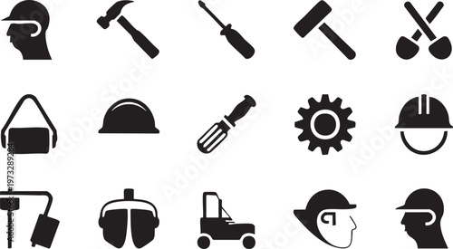 Vector graphic illustration of construction and industrial icons including tools, hard hats, safety gear, and machinery in black silhouette on white background.