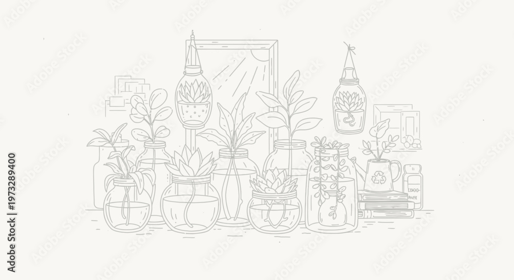 Naklejka premium Hand-drawn illustration of various plants in glass jars, a minimalist home decor concept