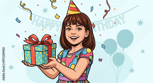 Happy Birthday Girl with Gift Box, Party Hat, Confetti, and Balloons