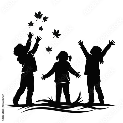 Silhouette of children playing with autumn leaves. Vector illustration of kids having fun outdoors. Friendship and childhood concept graphic