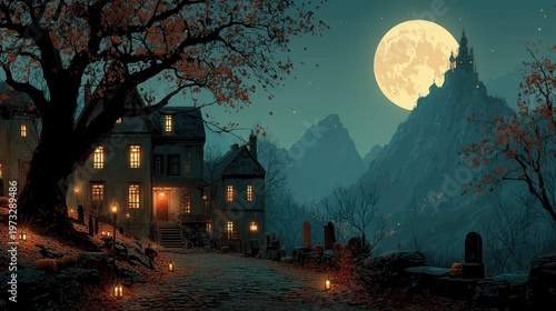 Haunted village by moonlight with castle on hilltop