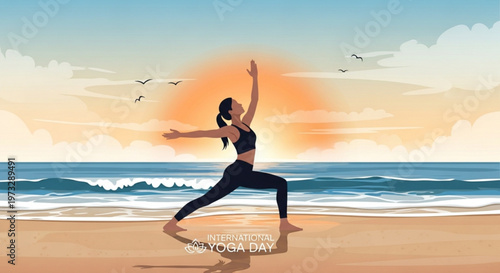 Woman practicing yoga on beach at sunrise for International Yoga Day