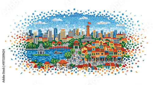 Vibrant pixel art depiction of Hanoi's cityscape, showcasing traditional architecture alongside modern skyscrapers and a serene lake.