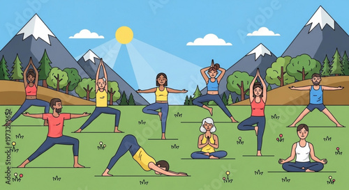 Group of people doing yoga in mountain landscape vector art