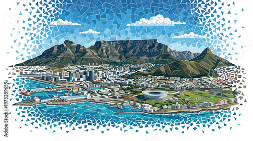A vibrant, detailed illustration of Cape Town, South Africa, showcasing Table Mountain, the city skyline, with scattered clouds and a mosaic-like border.