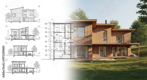 Architectural Blueprint and Modern House Design Overlay.