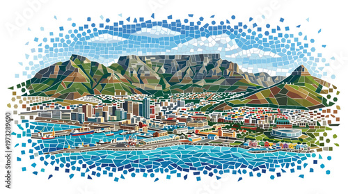 A vibrant mosaic illustration of Cape Town, South Africa, showcasing the iconic Table Mountain overlooking the bustling city and harbor.