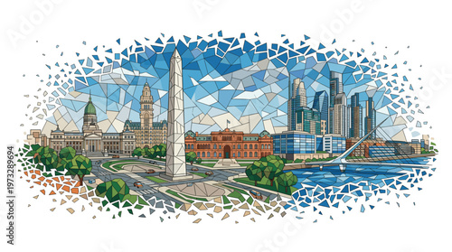 A vibrant, geometric mosaic illustration depicting the iconic Buenos Aires skyline with its historic buildings and modern skyscrapers.
