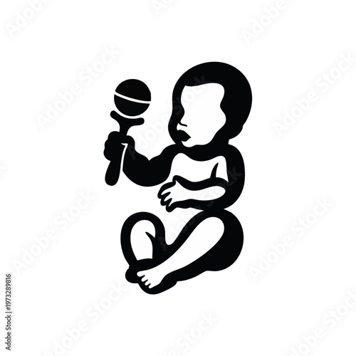 Silhouette of a baby sitting and holding a rattle toy. Infant development concept. Vector illustration isolated on transparent background