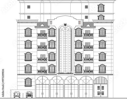 Multi-Storey Old Hotel Building Elevation Plan Including Classic Architecture Specifications for Vintage Arched Openings and Professional Annotations