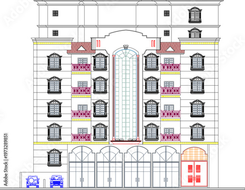 Multi-Storey Old Hotel Building Elevation Plan Including Classic Architecture Specifications for Vintage Arched Openings and Professional Annotations