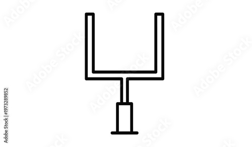 A simple black and white line drawing depicts an american football goalpost centered on a white background representing a sporting event high quality professional