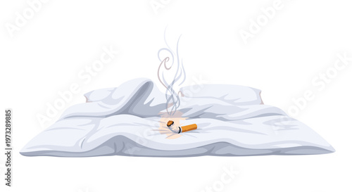 A hazardous smoldering cigarette butt lies carelessly upon a rumpled white fabric pillow emitting a delicate trail of grey smoke and a faint orange ember.
