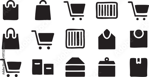 Black and white vector graphic illustration of various shopping icons including bags, carts, boxes, and more for e-commerce design