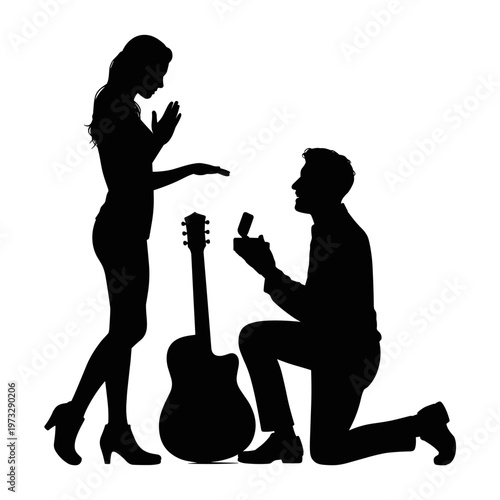 Man proposing to woman beside guitar silhouette, romantic engagement and music love story concept, isolated black figures for greeting card or celebration design