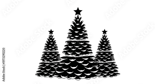 Stylized black and white illustration of three festive christmas trees with star toppers rendered in a minimalist graphic style against a stark white background conveying holiday