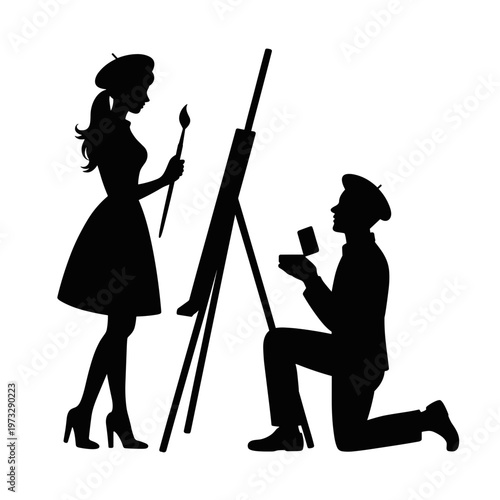 Man proposing to artist woman by easel silhouette, romantic engagement and creative love concept, isolated black figures for greeting card or celebration design