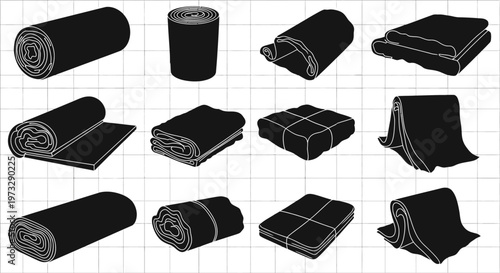 Collection of silhouetted kitchen utensils including rolling pins and whisks presented in various poses and orientations against a clean white grid background ideal for culinary