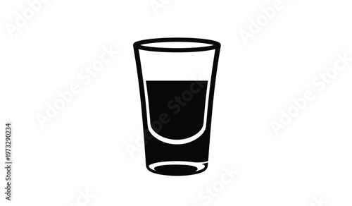 A minimalist black and white illustration depicts a filled shot glass showcasing its classic shape and suggesting a beverage inside high quality professional detailed