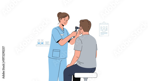 A professional female nurse wearing light blue scrubs carefully examines a male patient's ear using a specialized black otoscope in a clean clinic.