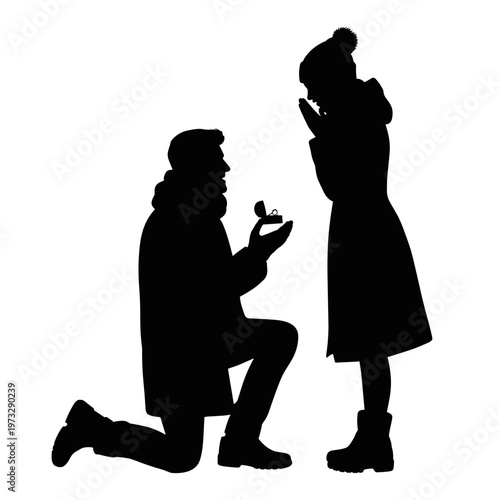 Man proposing to surprised woman silhouette with ring, romantic engagement and marriage proposal concept, isolated black figures for greeting card or celebration design