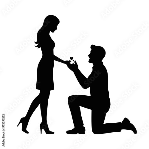 Man proposing to woman silhouette with ring in romantic pose, engagement and marriage proposal concept, isolated black figures for greeting card or celebration design
