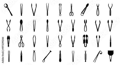 Collection of diverse kitchen tongs and utensils silhouettes for cooking and food preparation isolated on white background versatile culinary tools for gastronomy and professional