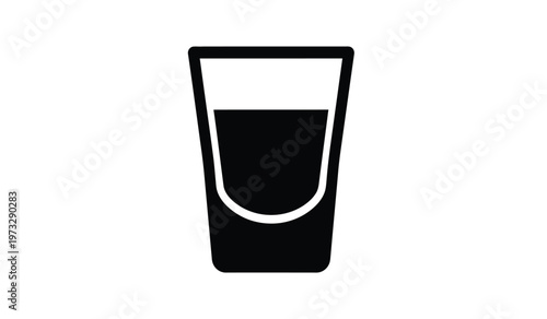 A simple black and white illustration depicts a filled shot glass showcasing its classic shape with a wide mouth and sturdy base high quality